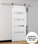 Quadro 4113 White Silk Barn Door with Frosted Glass and Silver Finish Rail