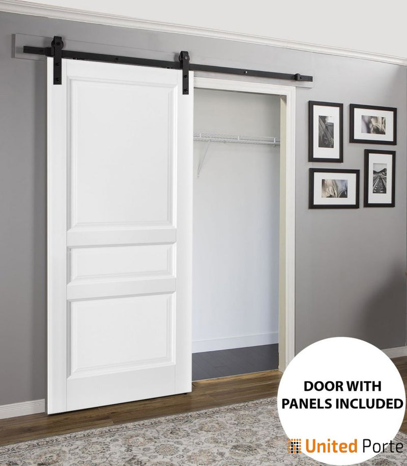 Lucia 31 White Silk 3 Panel Barn Door and Black Rail