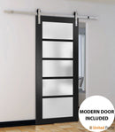 Quadro 4002 Matte Black Barn Door with Frosted Glass and Silver Finish Rail
