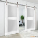 Mela 7222 White Silk Double Barn Door with 4 Lites Frosted Glass | Silver Finish Rail