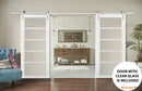 Quadro 4522 Matte White Double Barn Door with Clear Glass | Silver Finish Rail