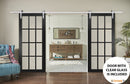 Felicia 3355 Matte Black Double Barn Door with 12 Lites Clear Glass | Silver Finish Rail