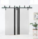 Planum 0040 White Silk Double Barn Door with Black Glass and Black Bypass Rail