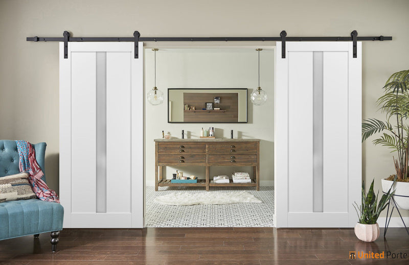 Quadro 4112 Matte White Double Barn Door with Frosted Glass | Black Rail