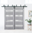 Veregio 7455 Matte Grey Double Barn Door with Frosted Glass and Black Bypass Rail