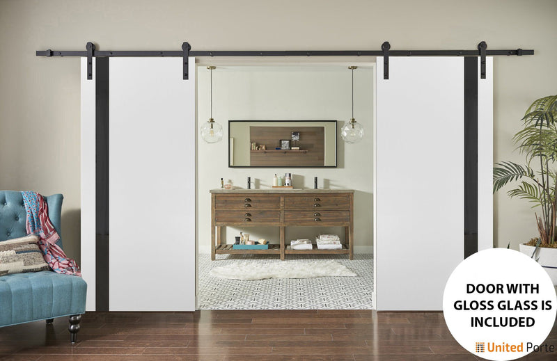 Planum 0040 White Silk Double Barn Door with Black Glass and Black Rail