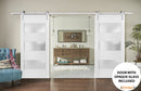 Lucia 4070 Matte White Double Barn Door with 3 Lites Frosted Glass | Silver Finish Rail