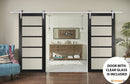 Quadro 4522 Matte Black Double Barn Door with Clear Glass | Silver Finish Rail
