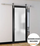 Planum 2102 Matte Black Barn Door with Frosted Glass and Silver Rail