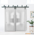 Planum 2102 White Silk Double Barn Door with Frosted Glass and Black Bypass Rail