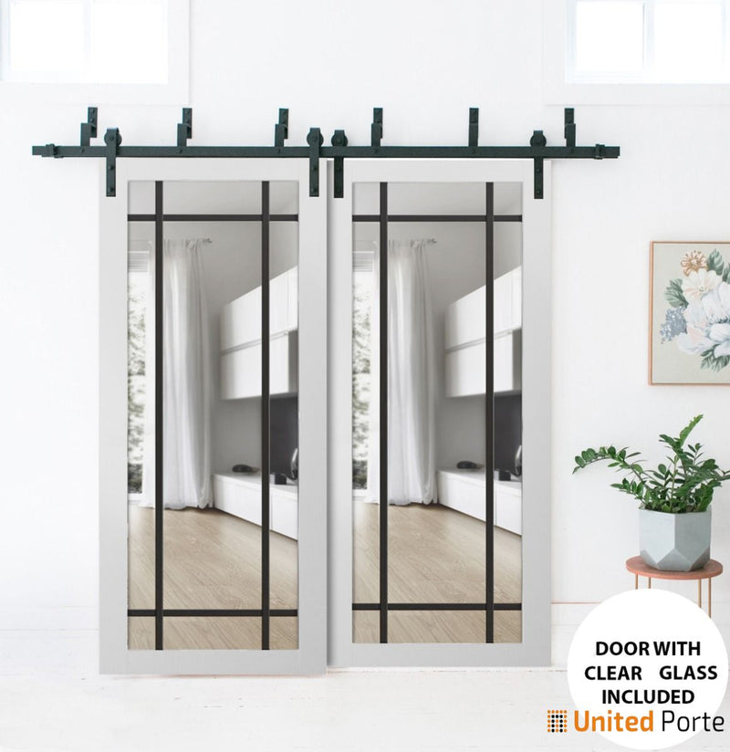 Lucia 2266 White Silk Double Barn Door with Clear Glass and Black Bypass Rail