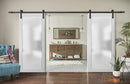 Planum 2102 White Silk Double Barn Door with Frosted Glass and Black Rail