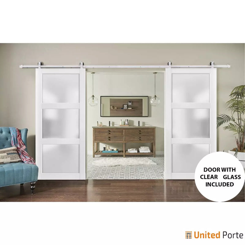 Lucia 2552 Matte White Double Barn Door with Frosted Glass | Silver Finish Rail