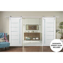 Quadro 4088 Matte White Double Barn Door with Frosted Glass and Silver Finish Rail