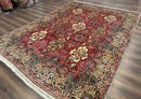 Antique Tabriz Persian Rug 7x10, Red Cream Tan, Unique Design, Fine 270 KPSI, Birds, Floral