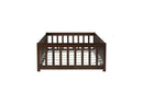 Twin Size Floor Bed with Fence and Door,Rubber Wood Floor Bed with Safety Guardrails,Espresso