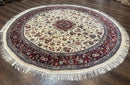 Round Sino Persian Rug 8x8, Wool and Silk, Floral Medallion, Ivory Dark Red