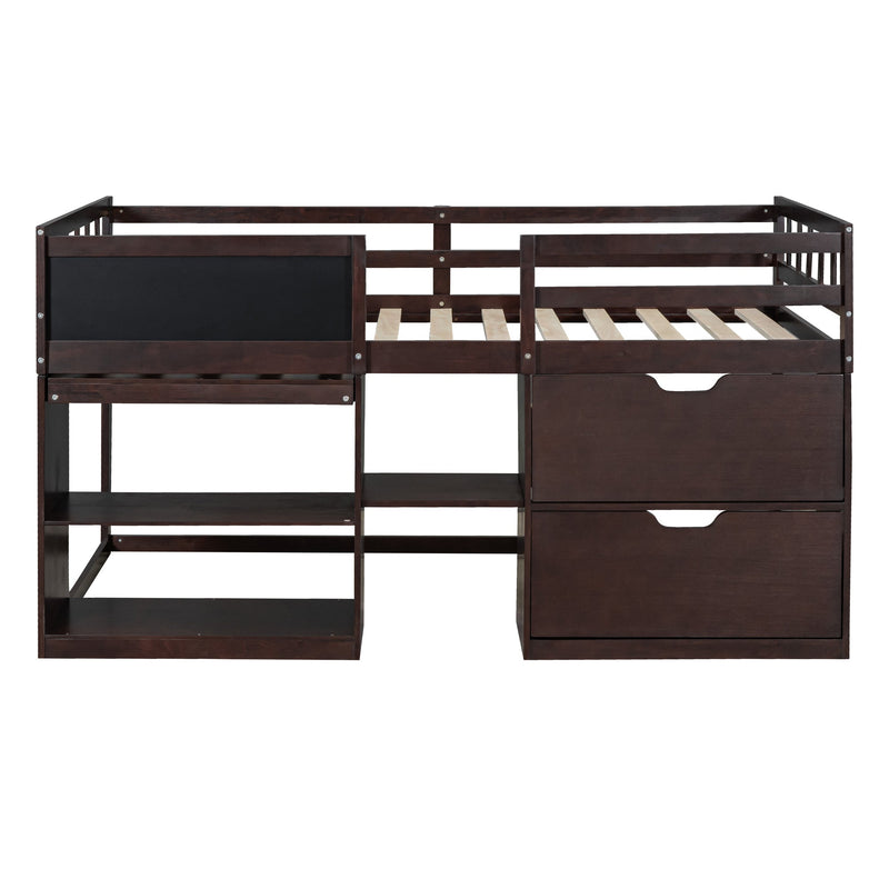 Twin Size Low Loft Bed with Rolling Desk, Shelf and Drawers - Espresso