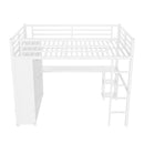 Queen Size Loft Bed Frame with Built-in Wardrobe, Metal Loft Bed with Desk and Storage Shelves, White