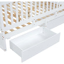 Full Size Wood Daybed with Fence Guardrails and 2 Drawers, Split into Independent Floor Bed & Daybed, White