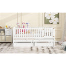 Full Size Wood Daybed with Fence Guardrails and 2 Drawers, Split into Independent Floor Bed & Daybed, White