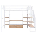 Full Size Metal Loft Bed with Staircase,Low Storage Table and Storage Shelves,White