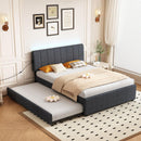Full Size Upholstered Platform Bed with Twin Size Trundle and 1 sets of USB , with Remote control Intelligence LED Lights with APP,Linen Fabric, Dark Grey