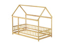 Twin Size House Floor Wooden Bed with Roof Frame,Safety Guardrails,Natural