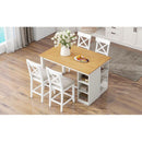 TOPMAX 60'Lx30'W Solid Wood Farmhouse Counter Height Dining Table Set with 3-Tier Storage Shelves, Upholstered Dining Chairs for 4, 5-Piece, White (OLD SKU: SP000041AAK)
