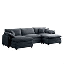 Oversized modular cushioned sofa with conversible ottoman, 3-seater sofa with 2 footstools, U shape sofa inGrey corduroy fabric