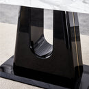 Table and chair set, modern and minimalist dining table, imitation marble patterned tabletop, MDF legs with U-shaped brackets. Paired with comfortable chairs, suitable for dining and living rooms.