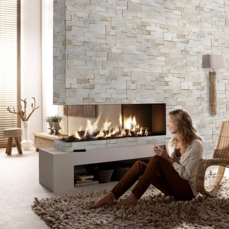 Diana Royal Marble Ledger Panel 6x24 Natural Marble Wall Tile installed around fireplace