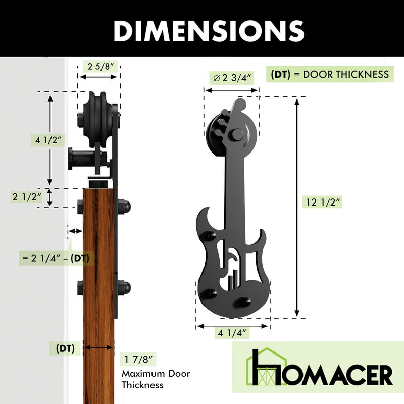 Non-Bypass Sliding Barn Door Hardware Kit - Guitar Design Roller