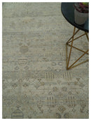 Distressed Silver And Beige Hand Knotted khotan design Custom Made wool area rug