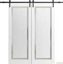 Planum 0888 Painted White Double Barn Door with Frosted Glass and Black Rail