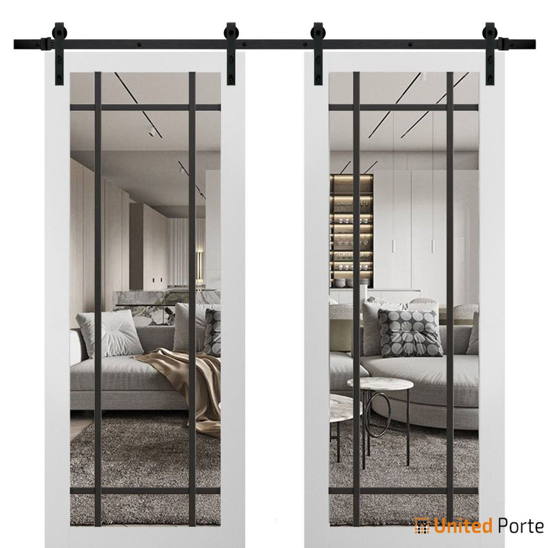 Lucia 2266 White Silk Double Barn Door with Clear Glass and Black Rail