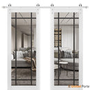 Lucia 2266 White Silk Double Barn Door with Clear Glass and Silver Finish Rail