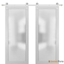 Planum 2102 White Silk Double Barn Door with Frosted Glass and Silver Rail