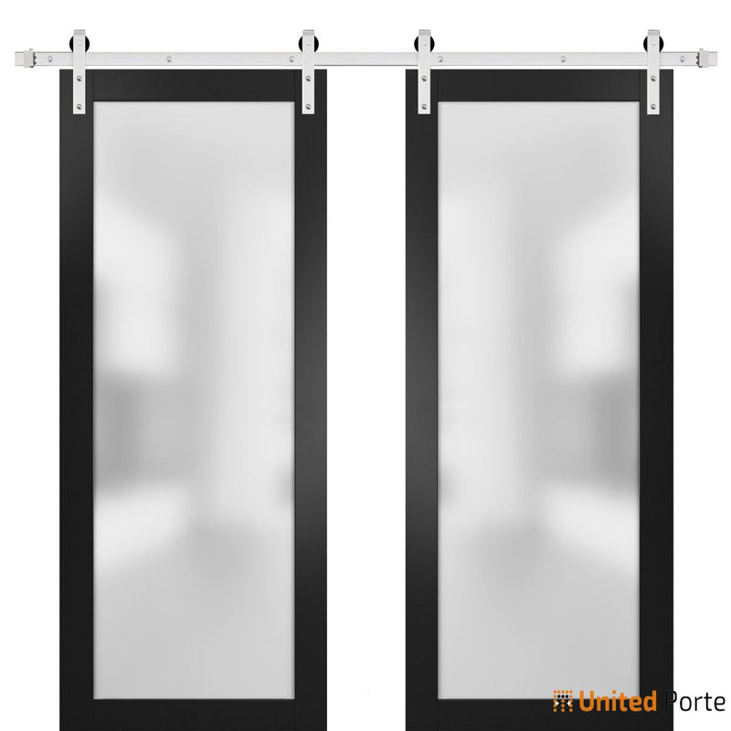 Planum 2102 Matte Black Double Barn Door with Frosted Glass and Silver Rail