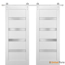 Quadro 4113 White Silk Double Barn Door with Frosted Opaque Glass and Silver Rail
