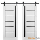 Quadro 4588 Matte White Double Barn Door with Black Glass | Black Rail