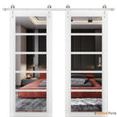 Quadro 4522 Matte White Double Barn Door with Clear Glass | Silver Finish Rail
