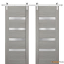 Quadro 4113 Grey Ash Double Barn Door with Frosted Glass | Silver Finish Rail