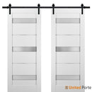Quadro 4055 White Silk Double Barn Door with Frosted Glass | Black Rail
