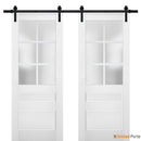 Veregio 7339 Matte White Double Barn Door with Frosted Glass and Black Rail