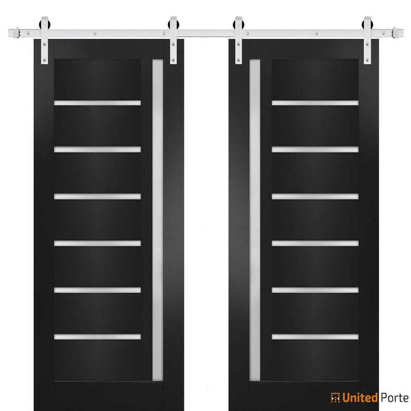 Quadro 4088 Matte Black Double Barn Door with Frosted Glass | Silver Finish Rails