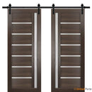 Quadro 4088 Chocolate Ash Double Barn Door with Frosted Glass | Black Rail