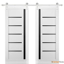 Quadro 4588 Matte White Double Barn Door with Black Glass | Silver Finish Rail