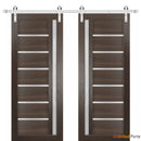 Quadro 4088 Chocolate Ash Double Barn Door with Frosted Glass | Silver Finish Rail
