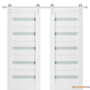 Quadro 4445 White Silk Double Barn Door with Frosted Glass and Silver Rail